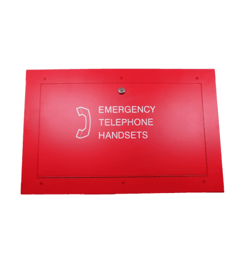 Portable handset storage cabinet. Surface mount c/w keylock. Red finish with white lettering: “Emergency Telephone Handsets”. 15½&quot; (394 mm ) H x 24-1/8&quot; (613 mm) W x 4&quot;(102) D